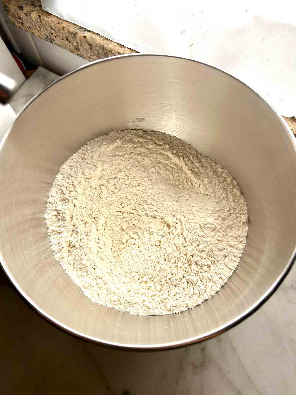 dry ingredients whisked in stand mixer bowl.