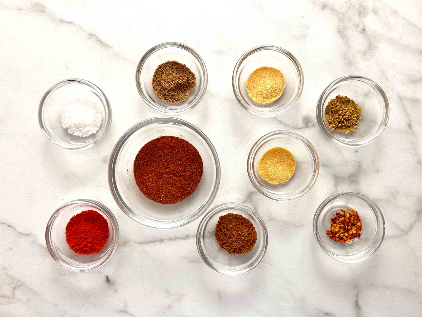 spices prepped in small bowls.