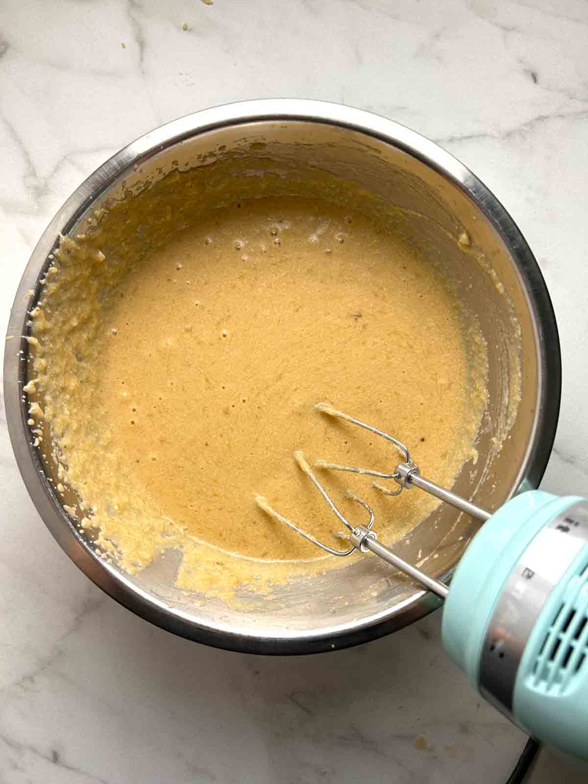 add banana, yogurt, and eggs to batter.