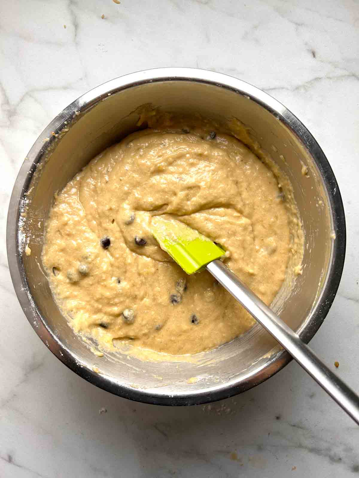 chocolate chips stirred into batter.