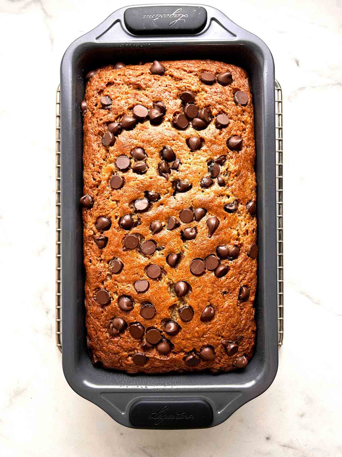chocolate chip banana bread after baking.
