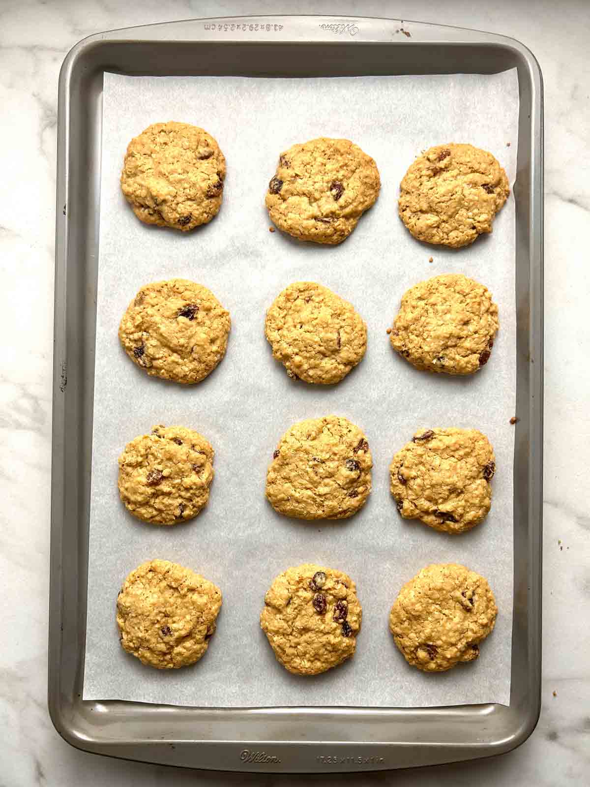 oatmeal raisin cookies after baking.