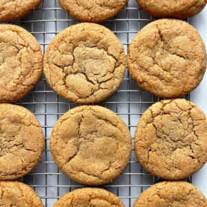 close up of brown sugar cookies cooling on wire rack.