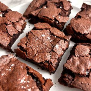 close of up sliced brownies on plate.