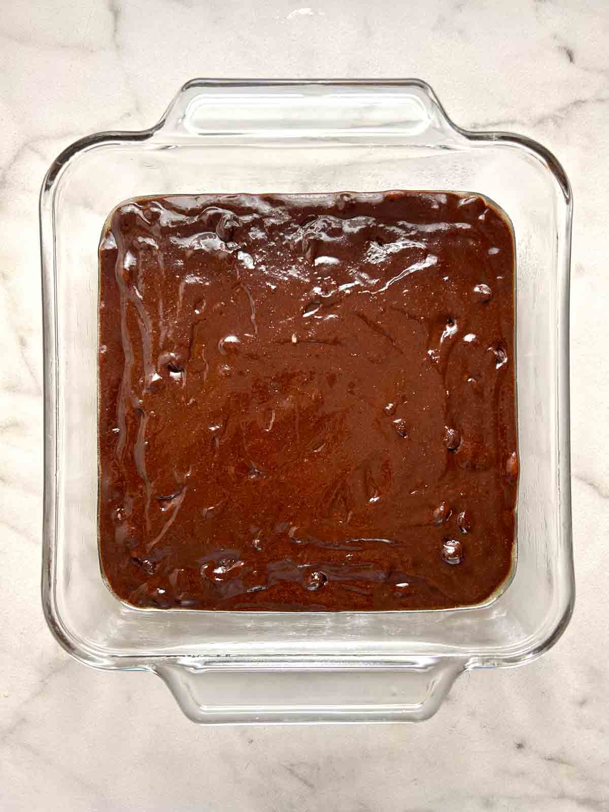 batter spread in baking dish.