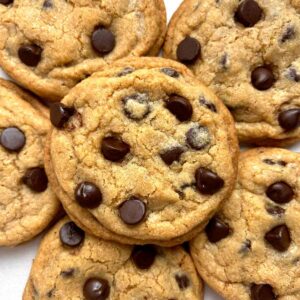 close up of chocolate chip cookies.
