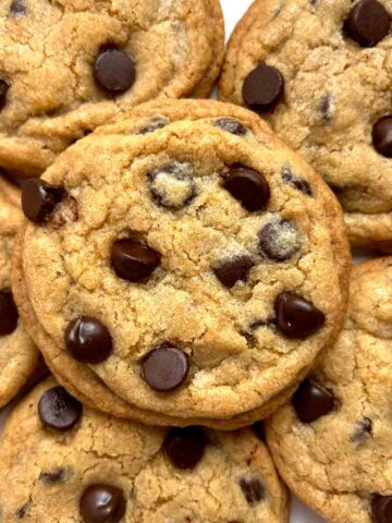 close up of chocolate chip cookies.
