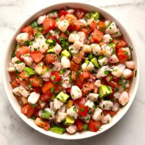 shrimp ceviche in shallow bowl.