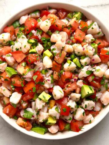 shrimp ceviche in shallow bowl.