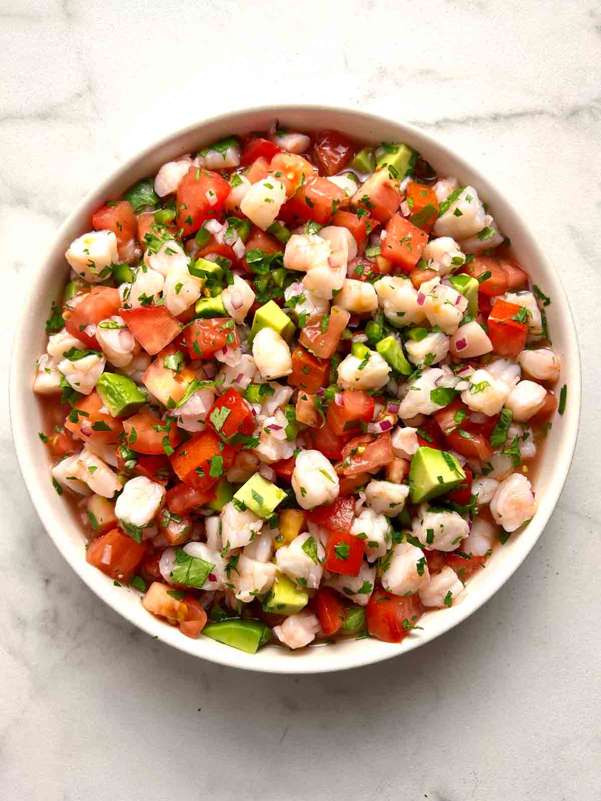 shrimp ceviche in shallow bowl.