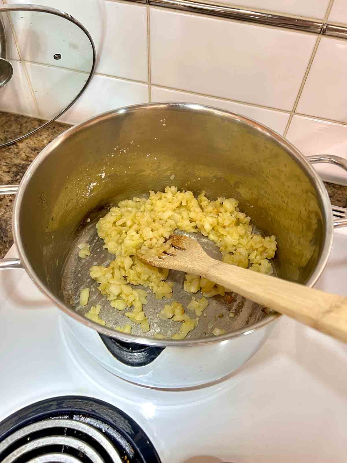 flour stirred into onions and garlic.