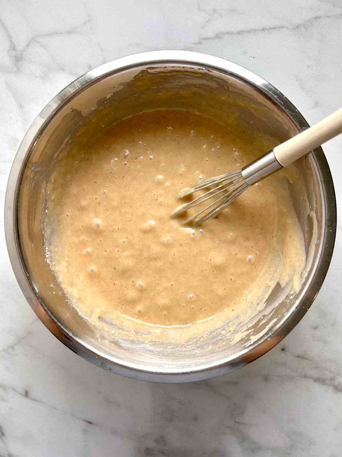 wet ingredients whisked into dry ingredients.