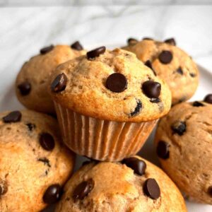 plate of chocolate chip muffins.