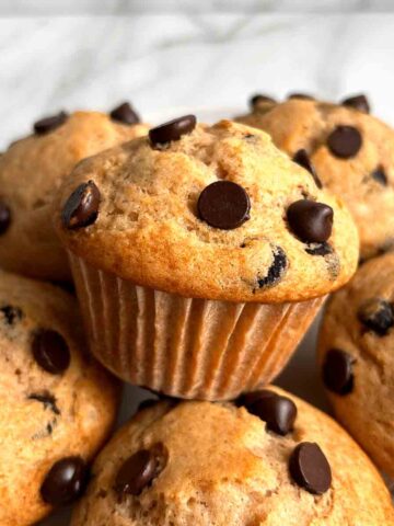 plate of chocolate chip muffins.