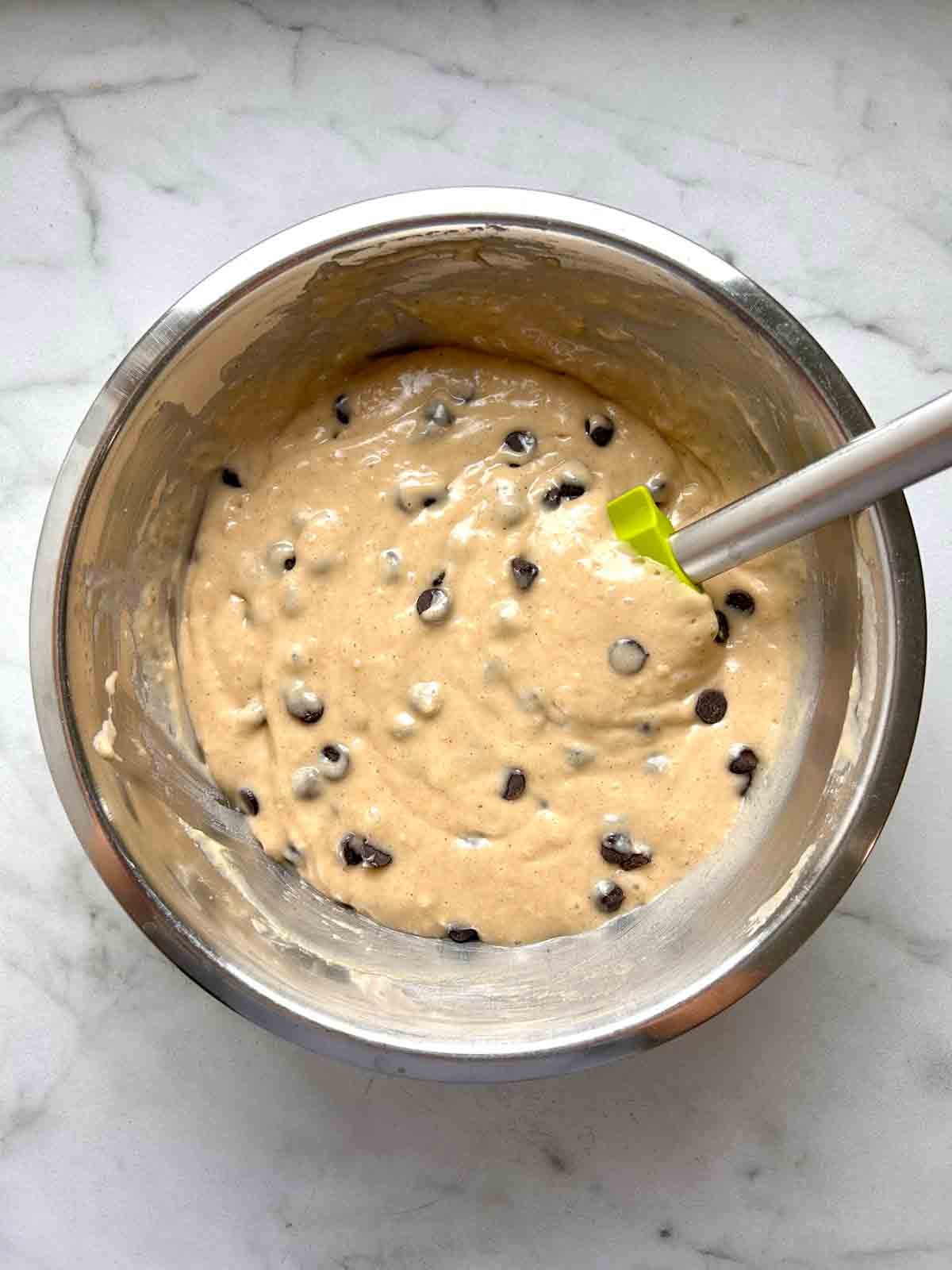chocolate chips folded into batter.