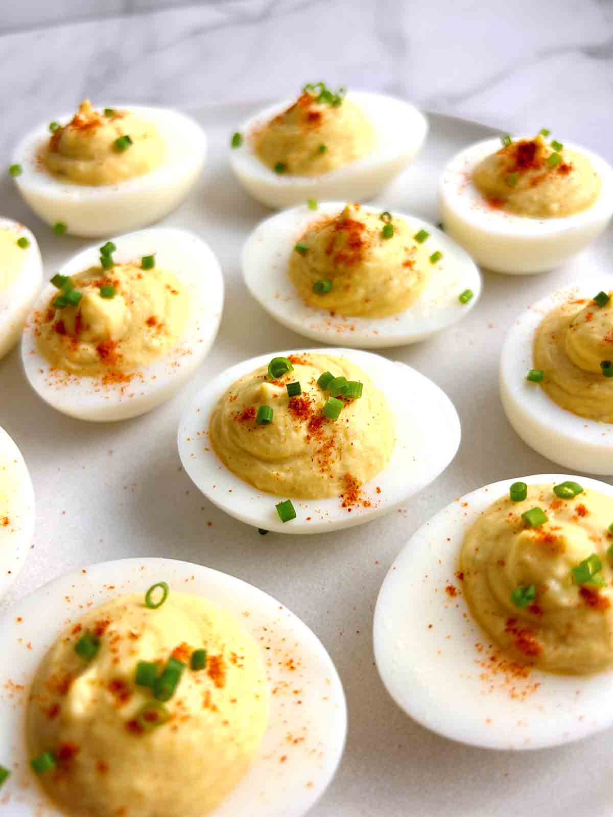 close up of deviled eggs.