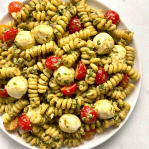 plate of pesto pasta salad.
