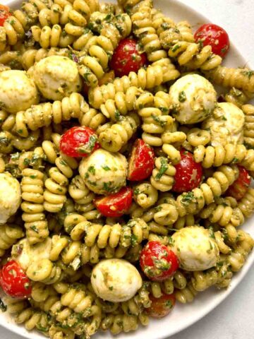 plate of pesto pasta salad.