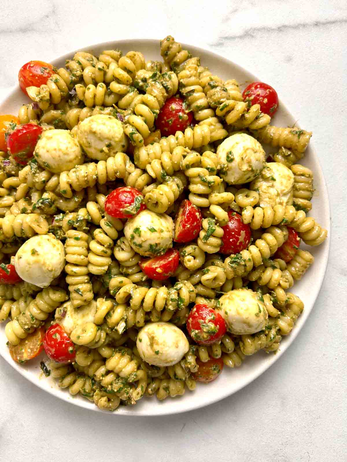 plate of pesto pasta salad.