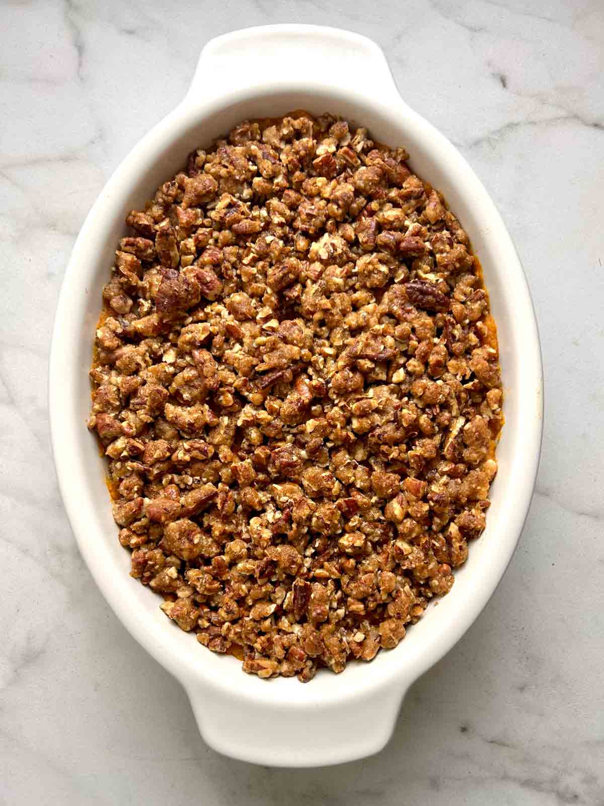 casserole after baking; pecans toasted.