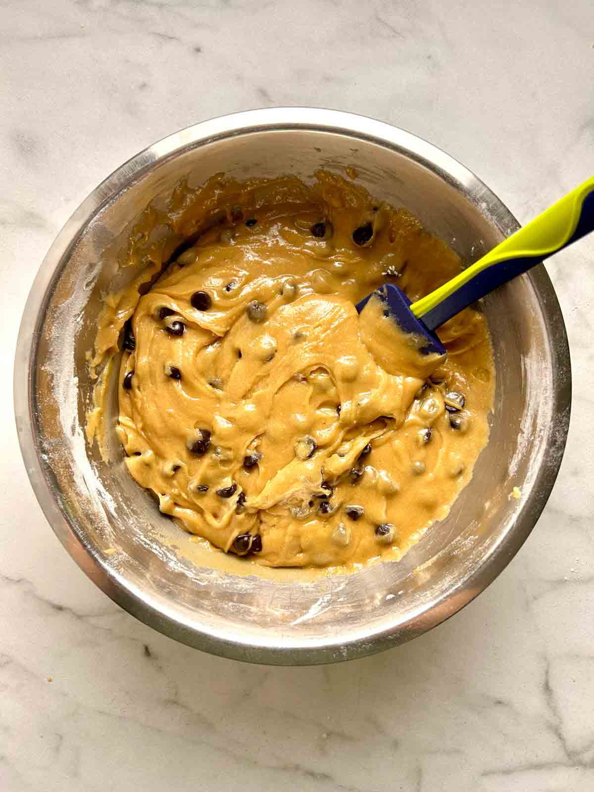 chocolate chips mixed into batter.