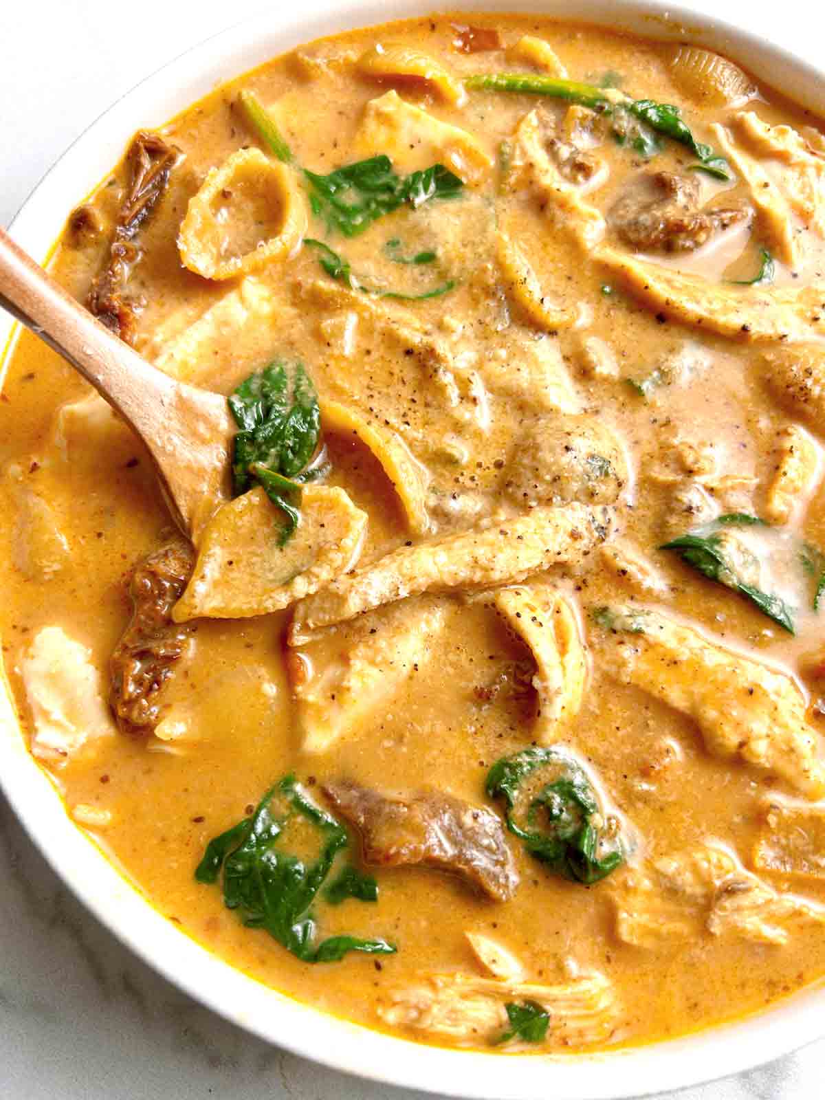 spoon lifting soup from bowl.