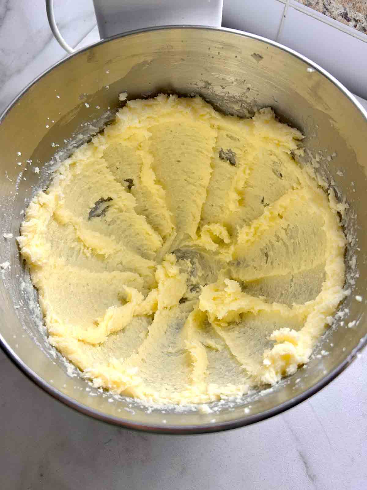 butter, sugar, and salt creamed in stand mixer.