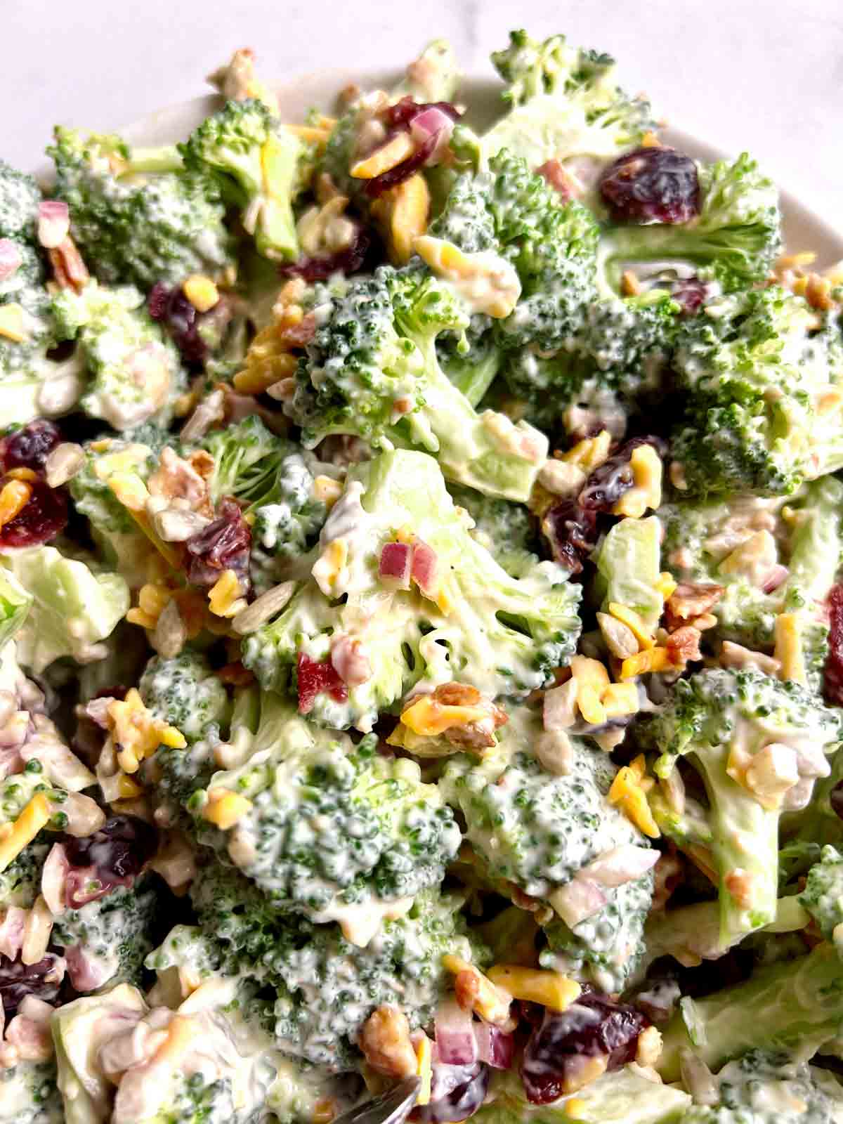 close up of broccoli salad.