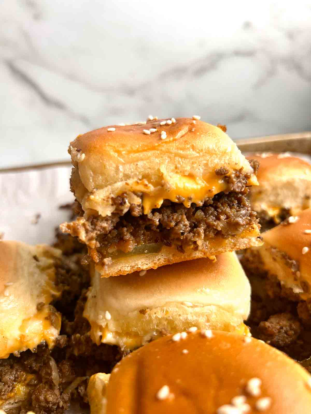 close up of cheeseburger slider.