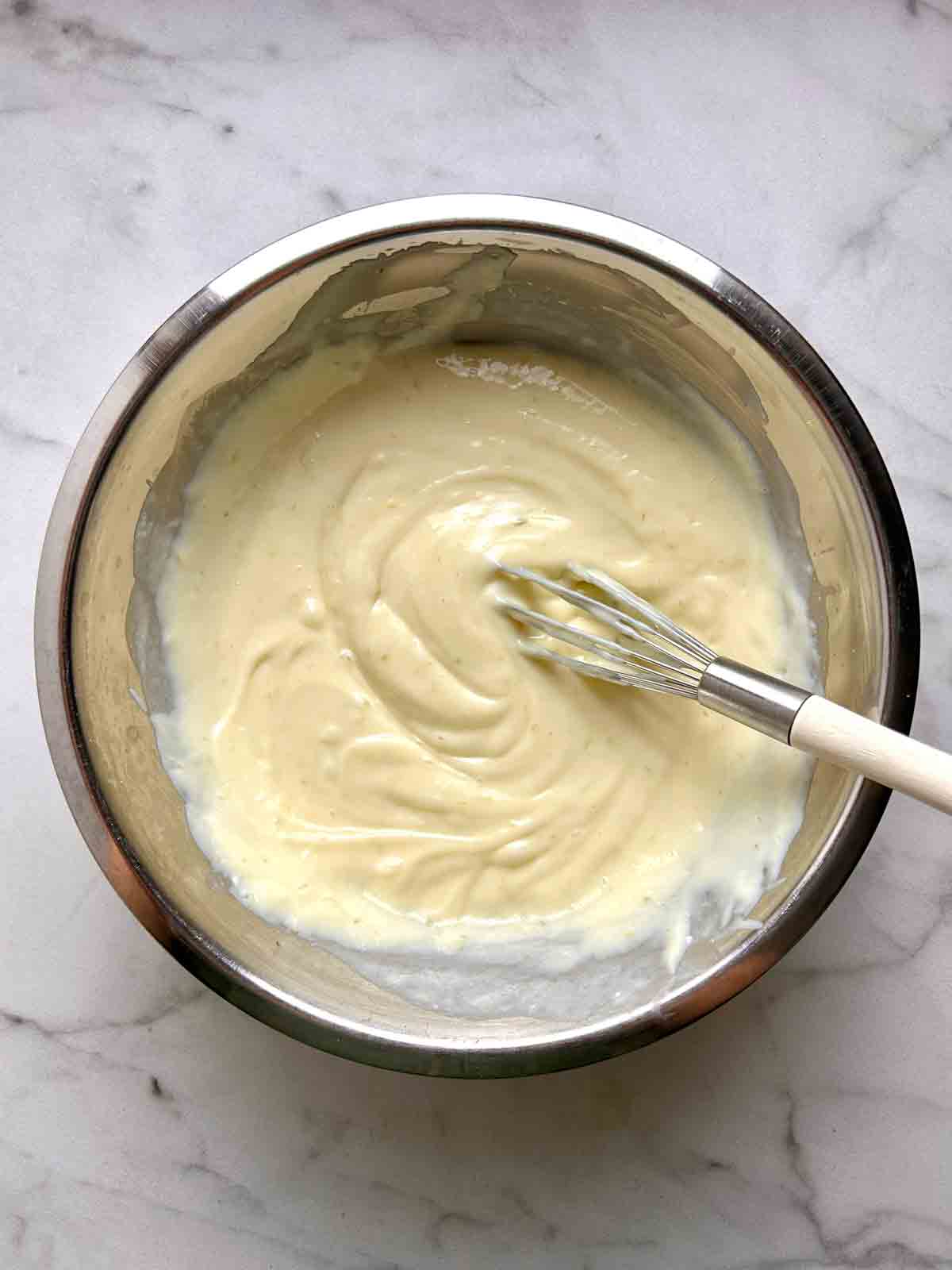 pie filling whisked in bowl.