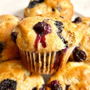 close up of blueberry cottage cheese muffin.