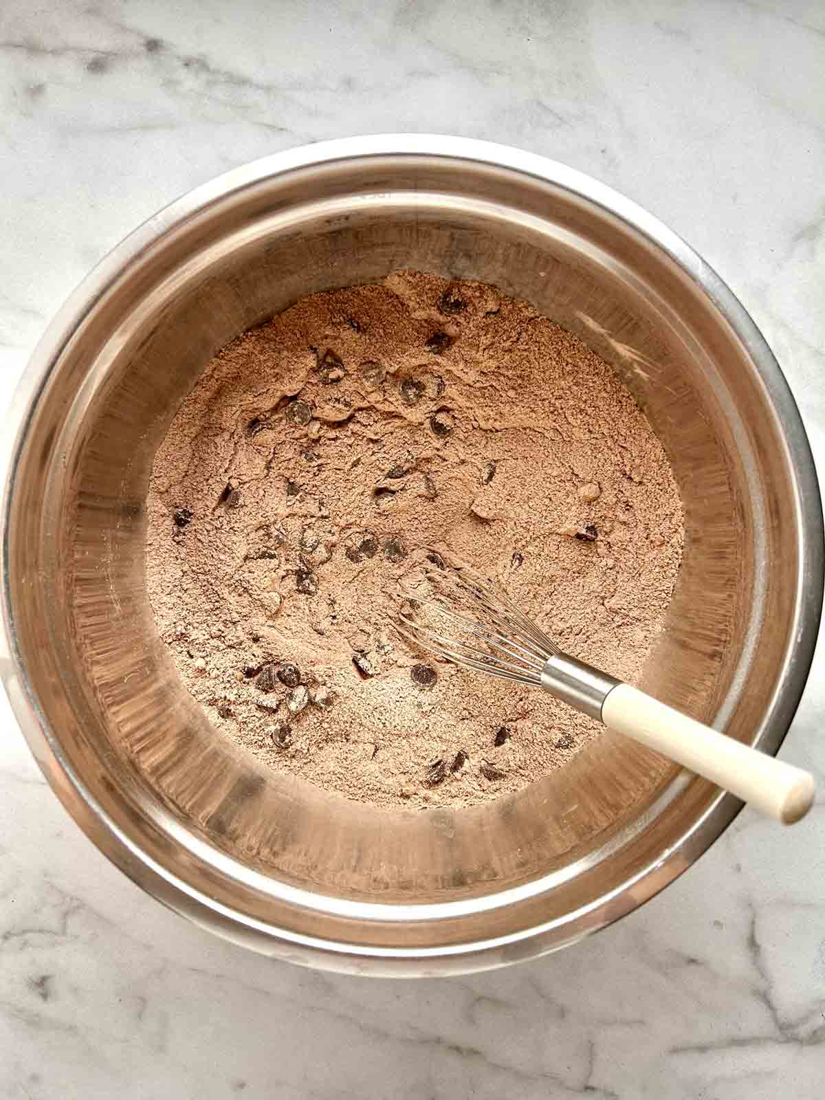 dry mixture whisked together with chocolate chips.
