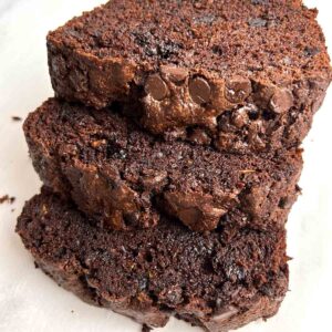 close up of slices of chocolate zucchini bread.