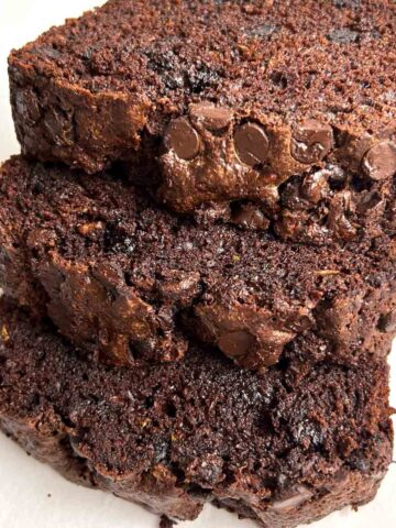 close up of slices of chocolate zucchini bread.