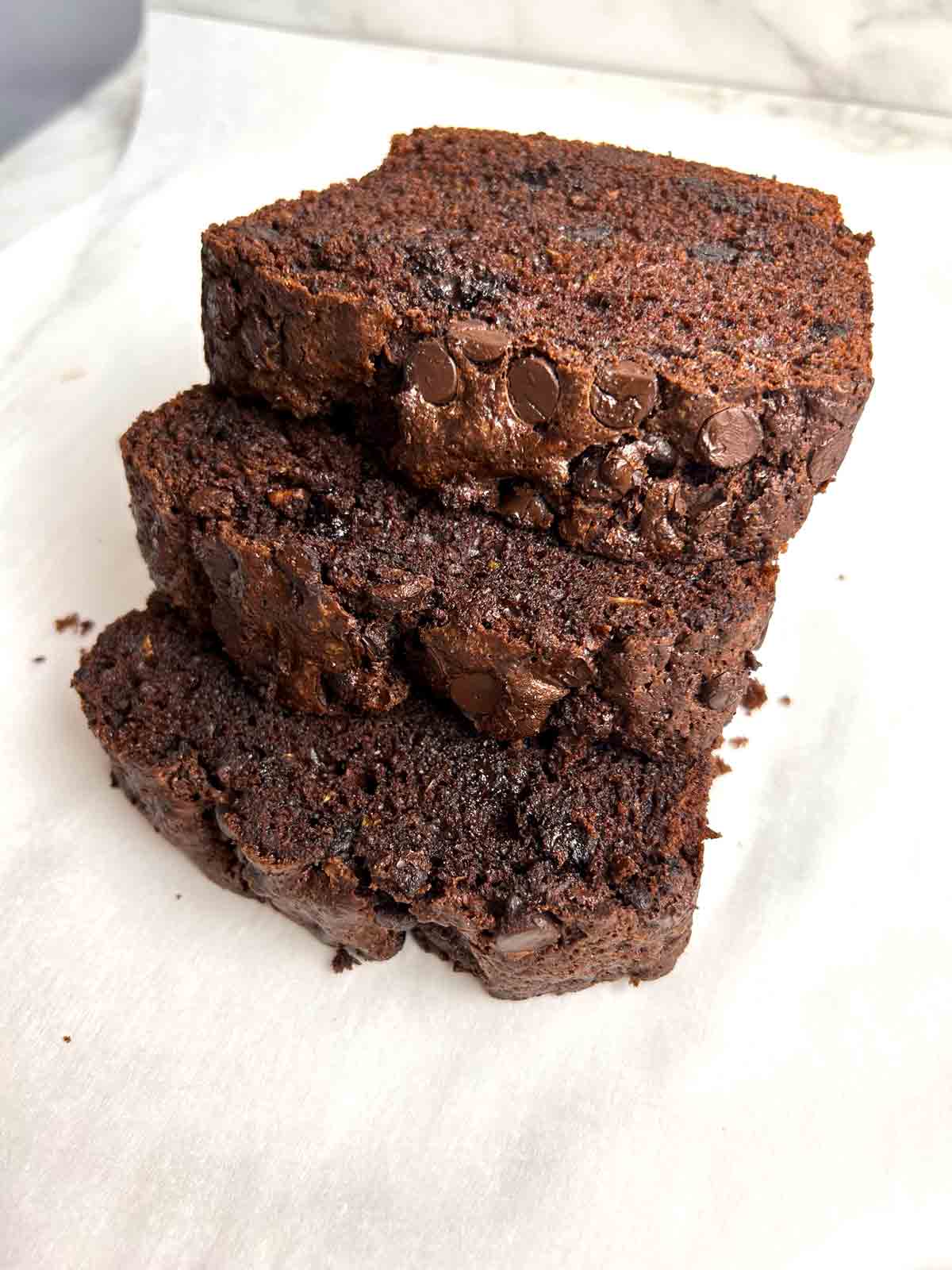 close up of slices of chocolate zucchini bread.