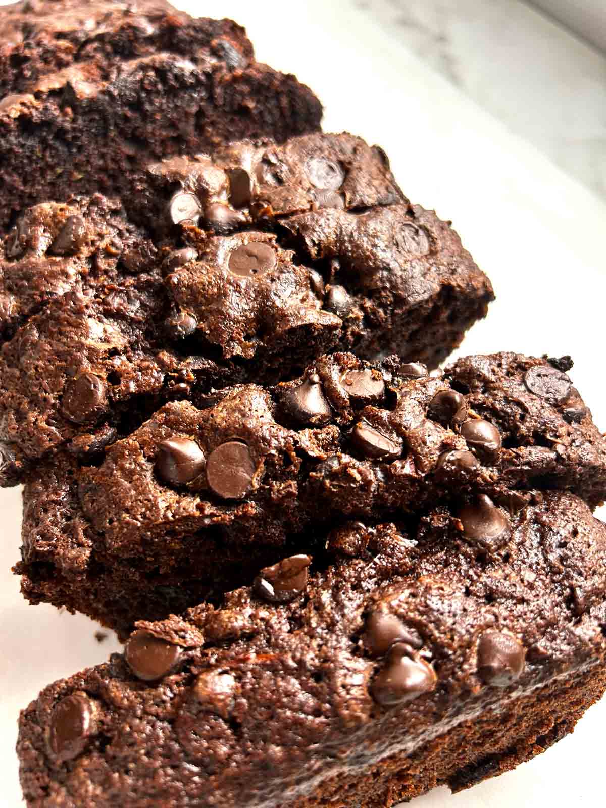 close up of chocolate zucchini bread.