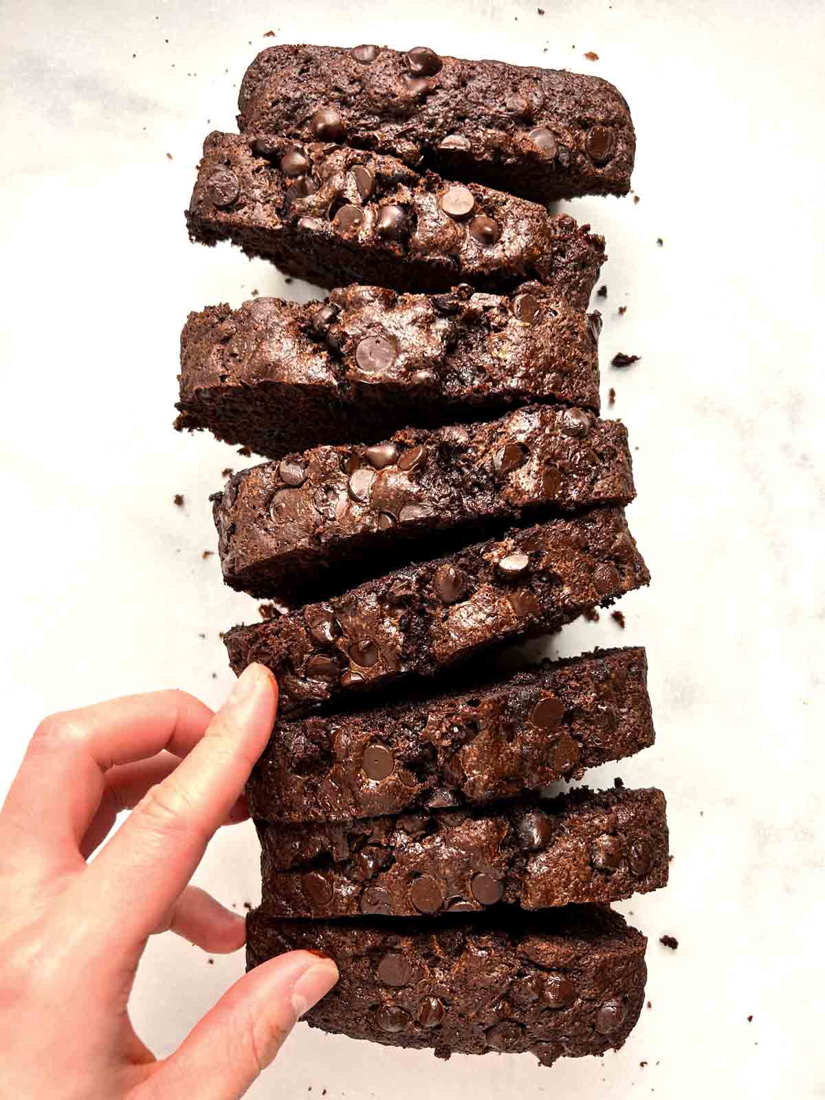 overhead shot of chocolate zucchini bread slices.