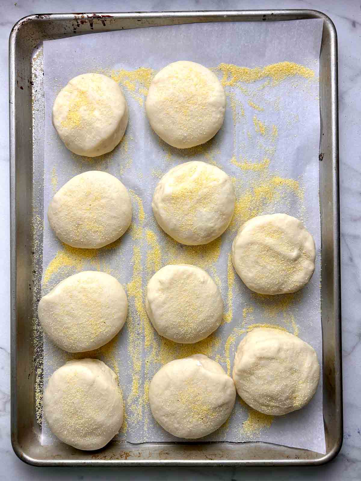 dough circles visibly puffed after second rise.