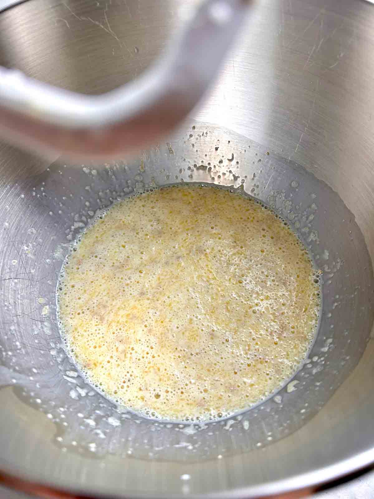 wet mixture whisked in stand mixer bowl.