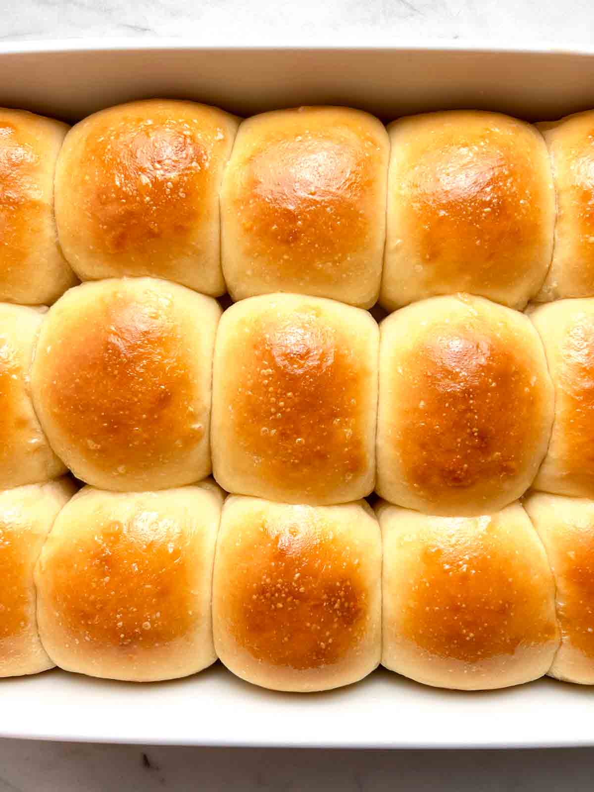 close up of sourdough dinner rolls in baking dish.