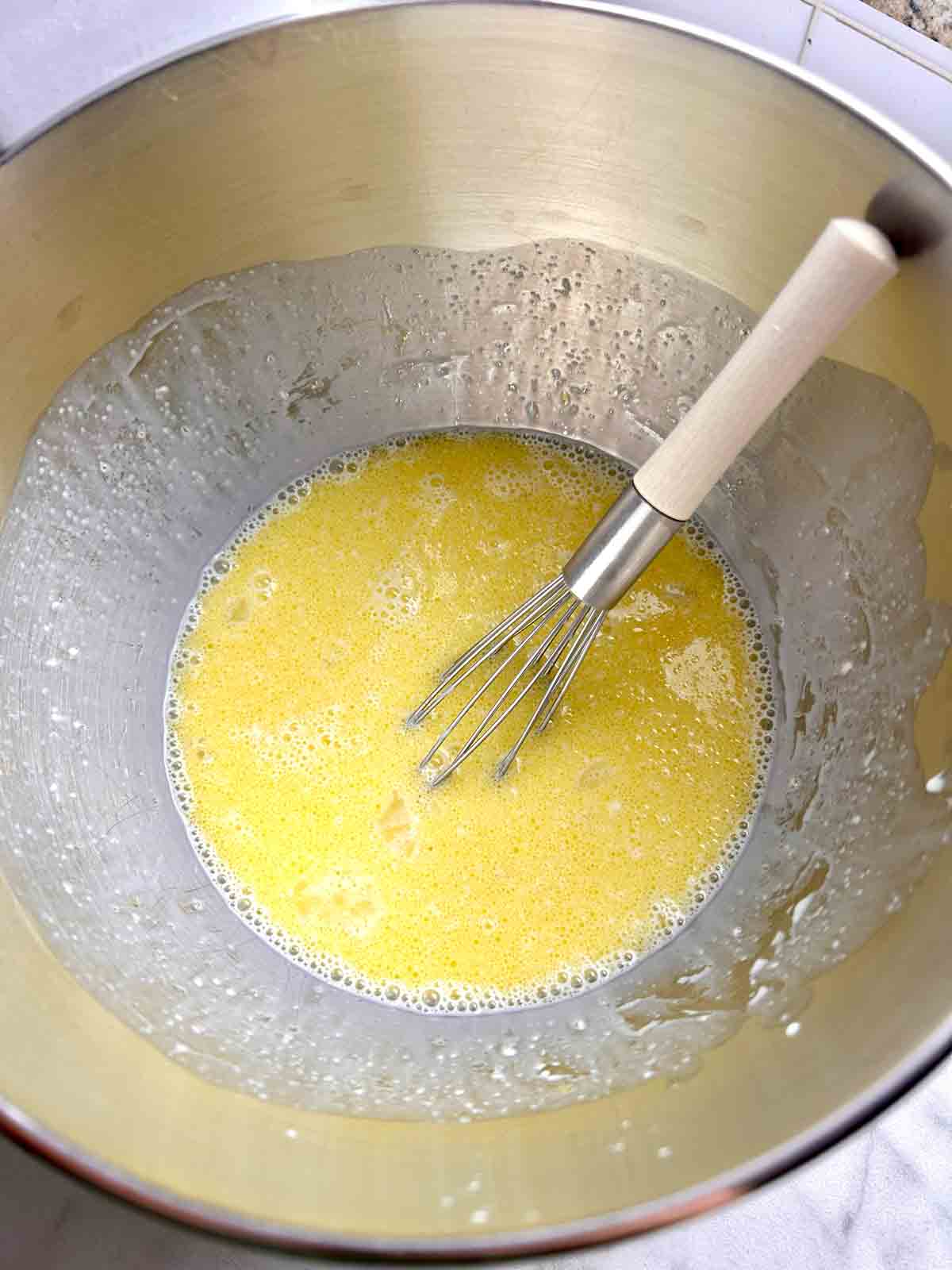 wet ingredients whisked in stand mixer bowl.