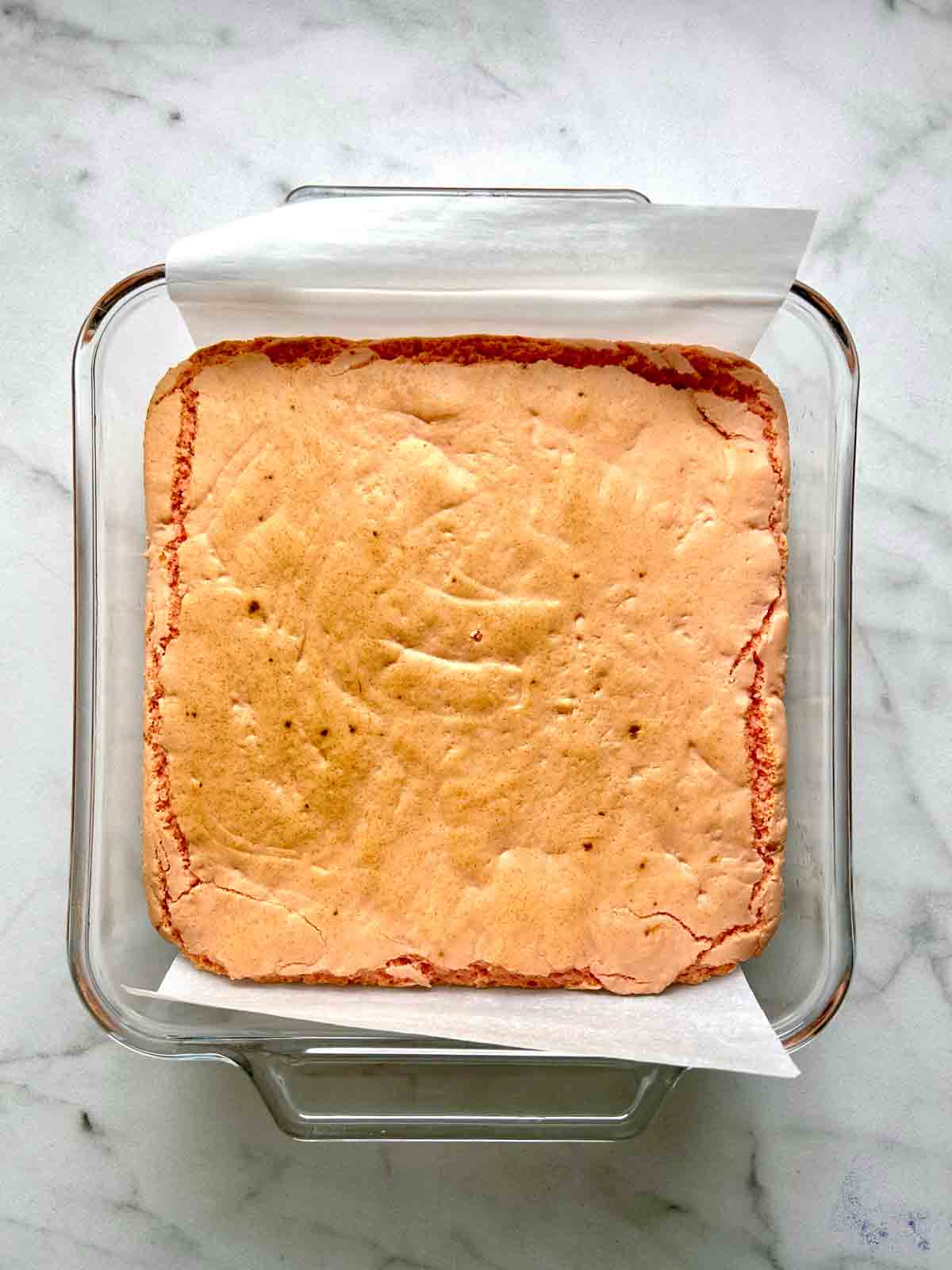 strawberry brownies after baking.