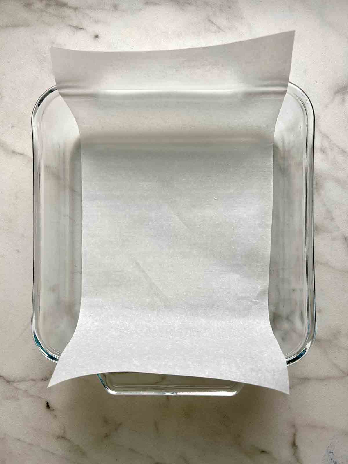 parchment paper lined in baking dish.