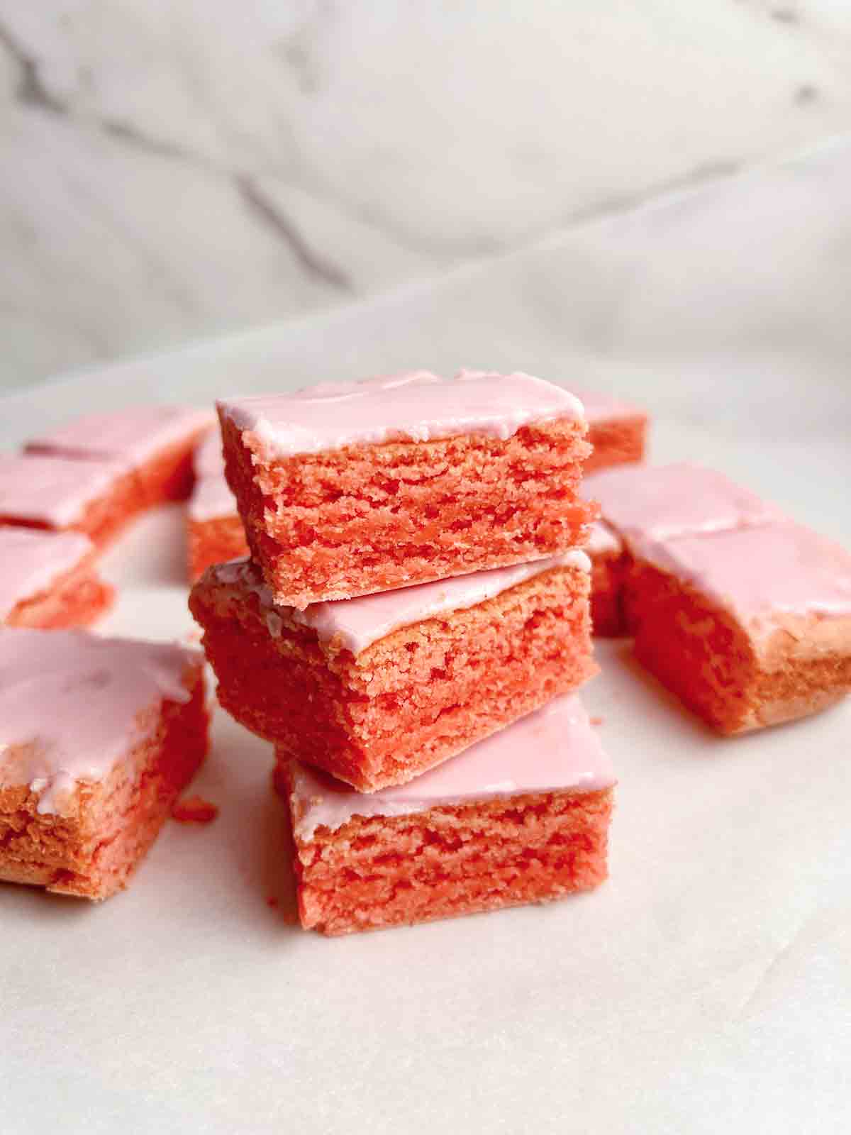 stack of strawberry brownies.