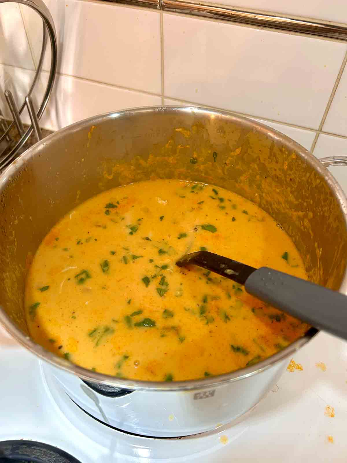 shredded chicken and cilantro added to pot.