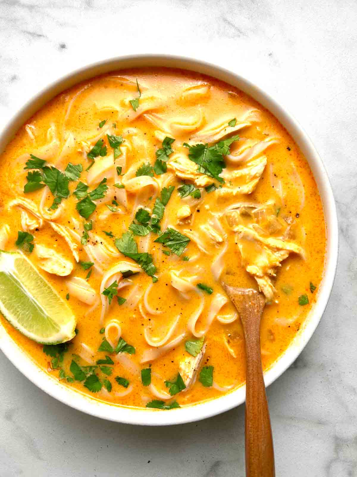 bowl of Thai coconut chicken soup.