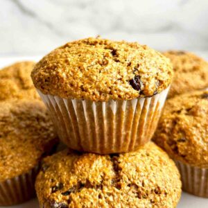close up of stack of bran muffins.