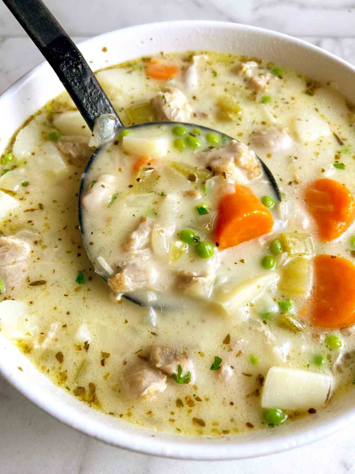 creamy chicken stew being ladled from big bowl.