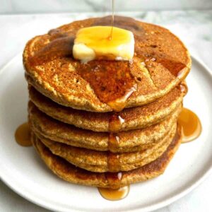 stack of flax seed pancakes.