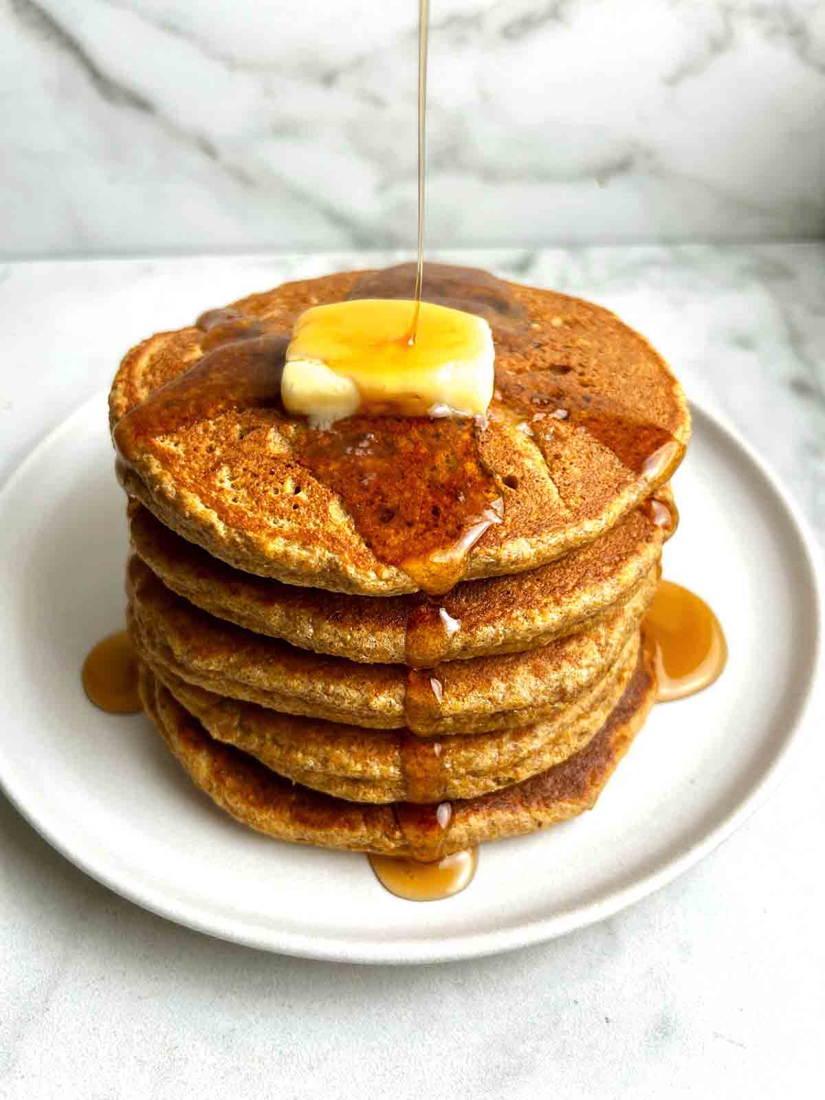 stack of flax seed pancakes.